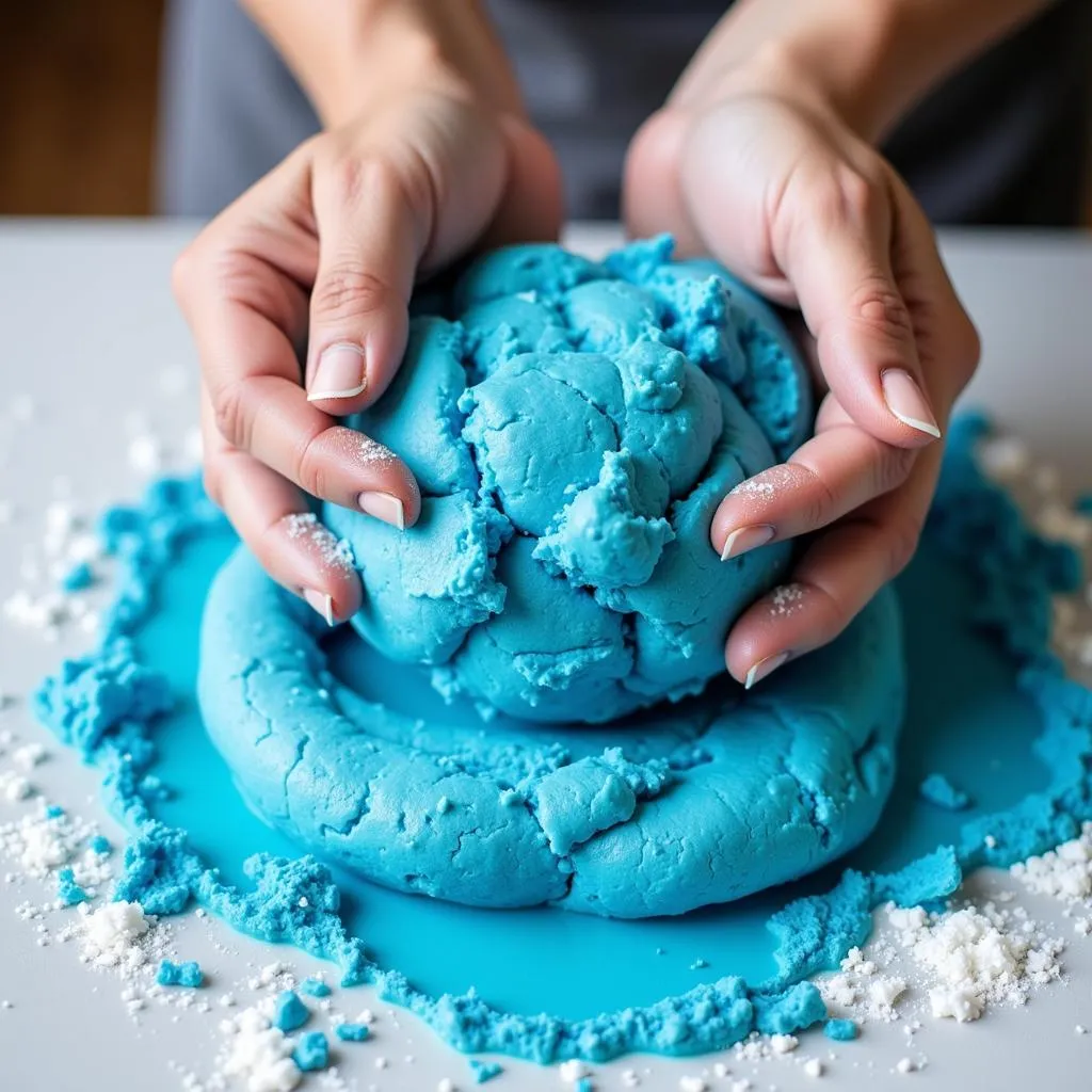 Kneading food coloring into cookie dough for even distribution