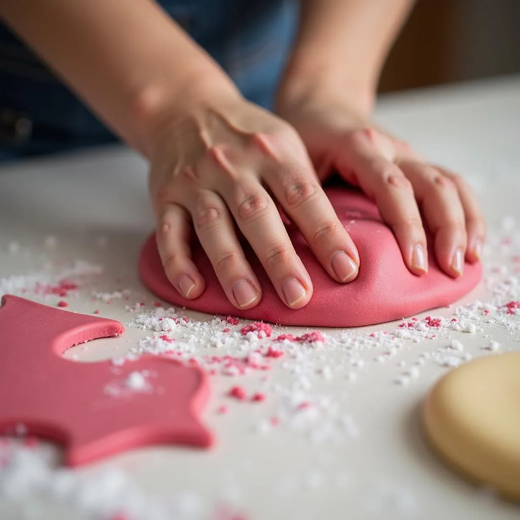 Kneading marzipan for even color distribution