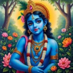 Krishna's blue skin tone depicted in a traditional Indian painting