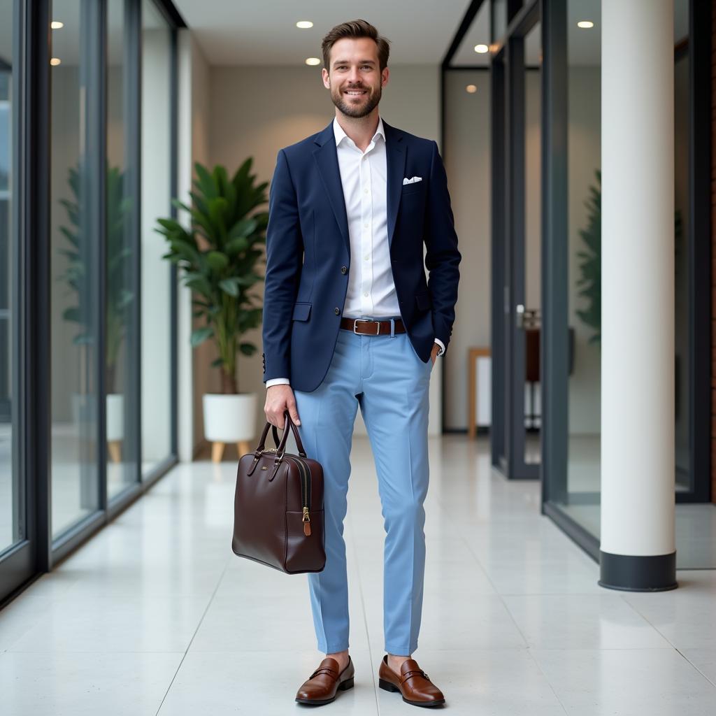 Man wearing light blue pants, navy blazer, and white shirt for a business casual look