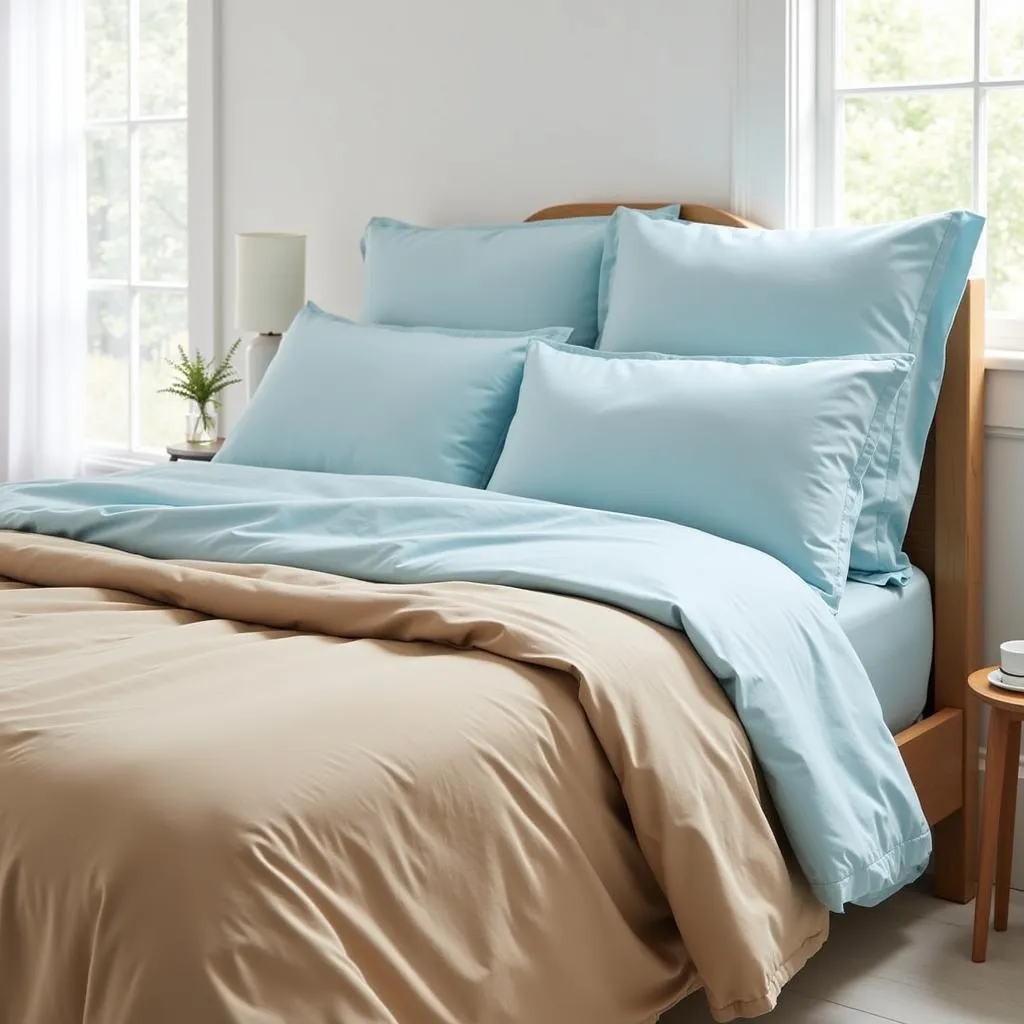 Light blue sheets with a tan comforter