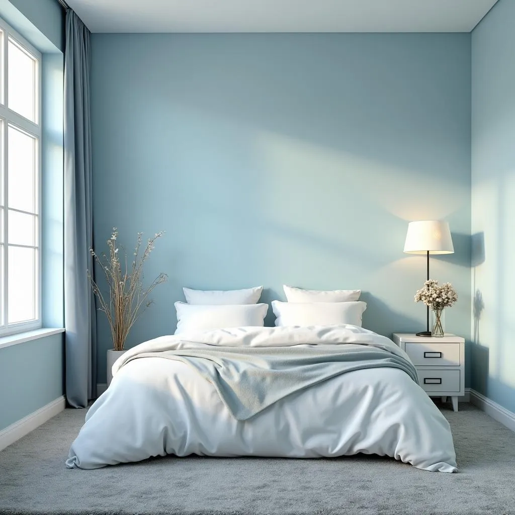 Bedroom with light blue walls and grey carpet