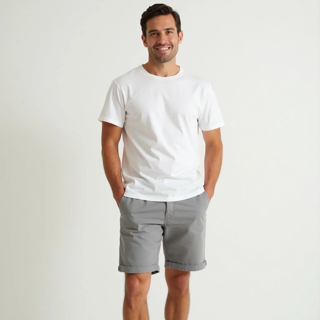 Man in Light Gray Shorts and White Shirt