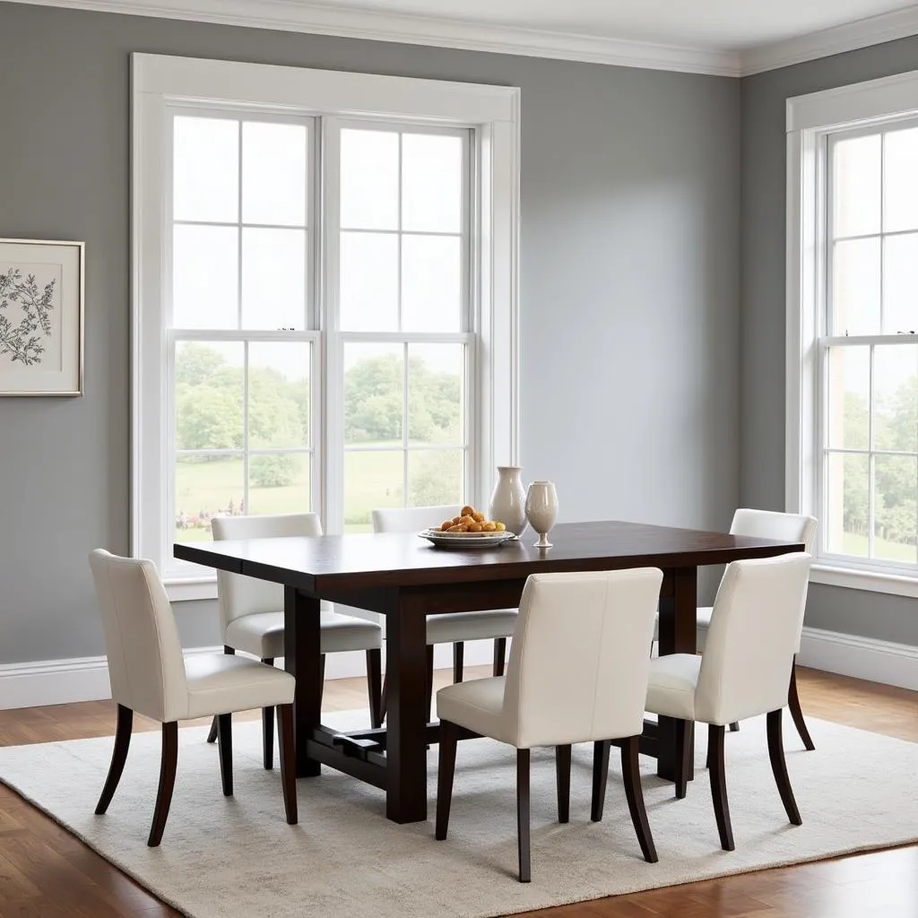 Light gray walls complementing a dark wood dining table