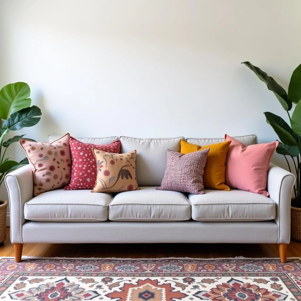 Light Grey Couch with Colorful Pillows and Patterned Rug