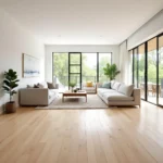 Modern living room with light wood flooring