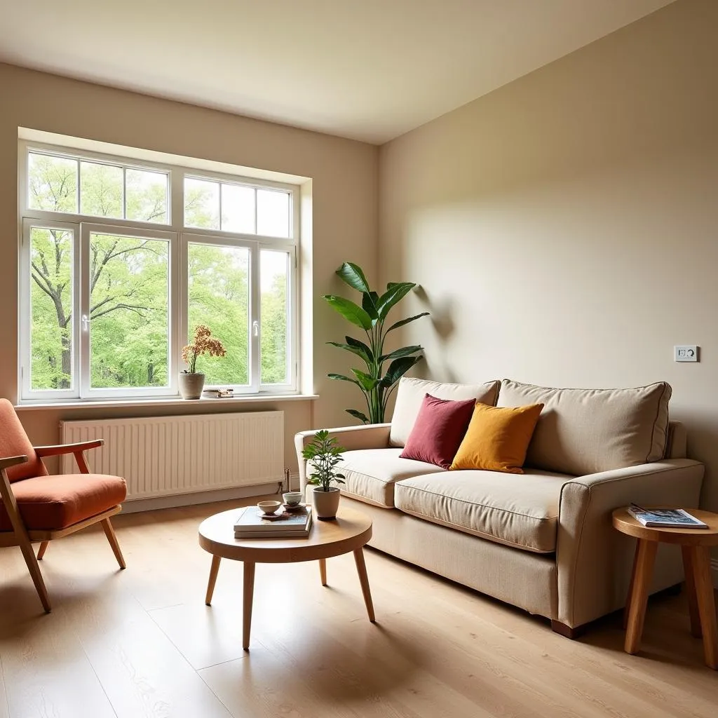 A living room decorated with warm beige tones