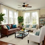 Living room with brown and white color palette