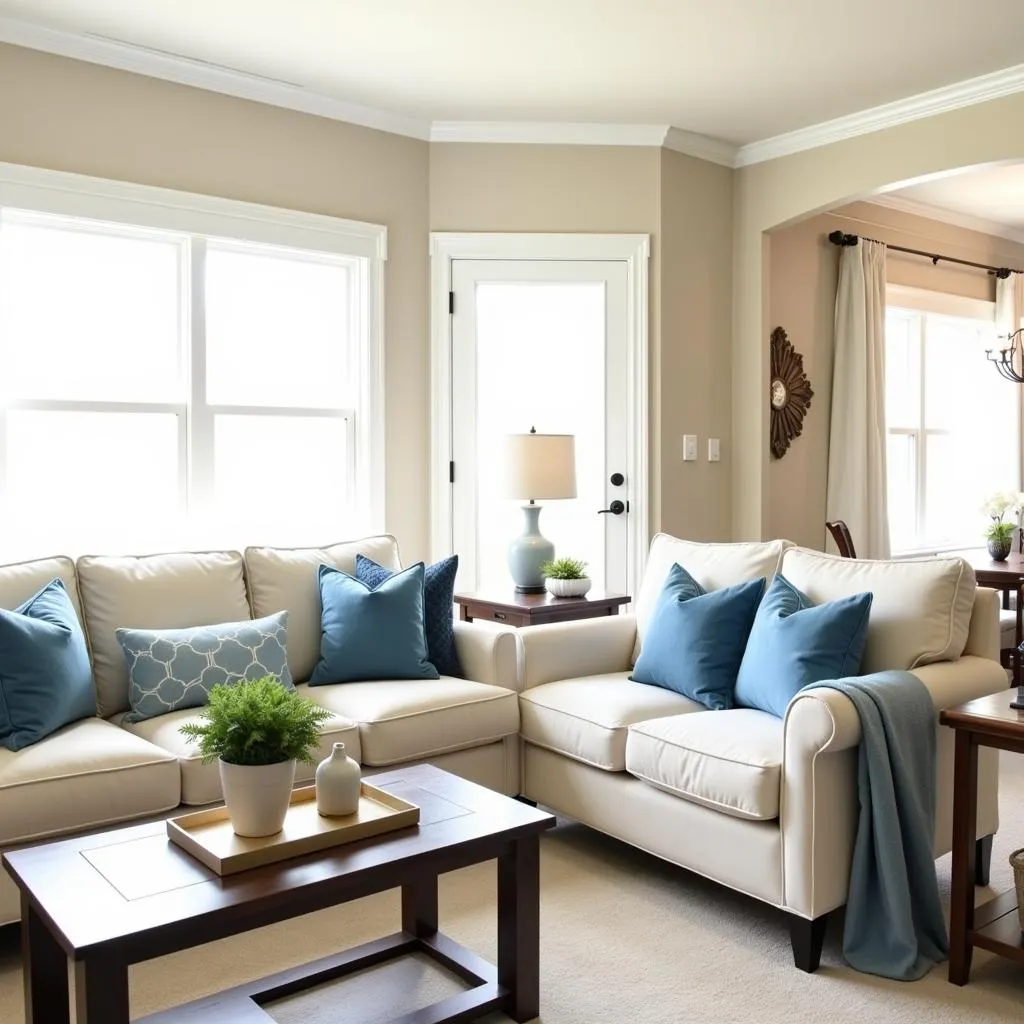 A spacious living room with a neutral color palette and calming blue accent pillows and throws