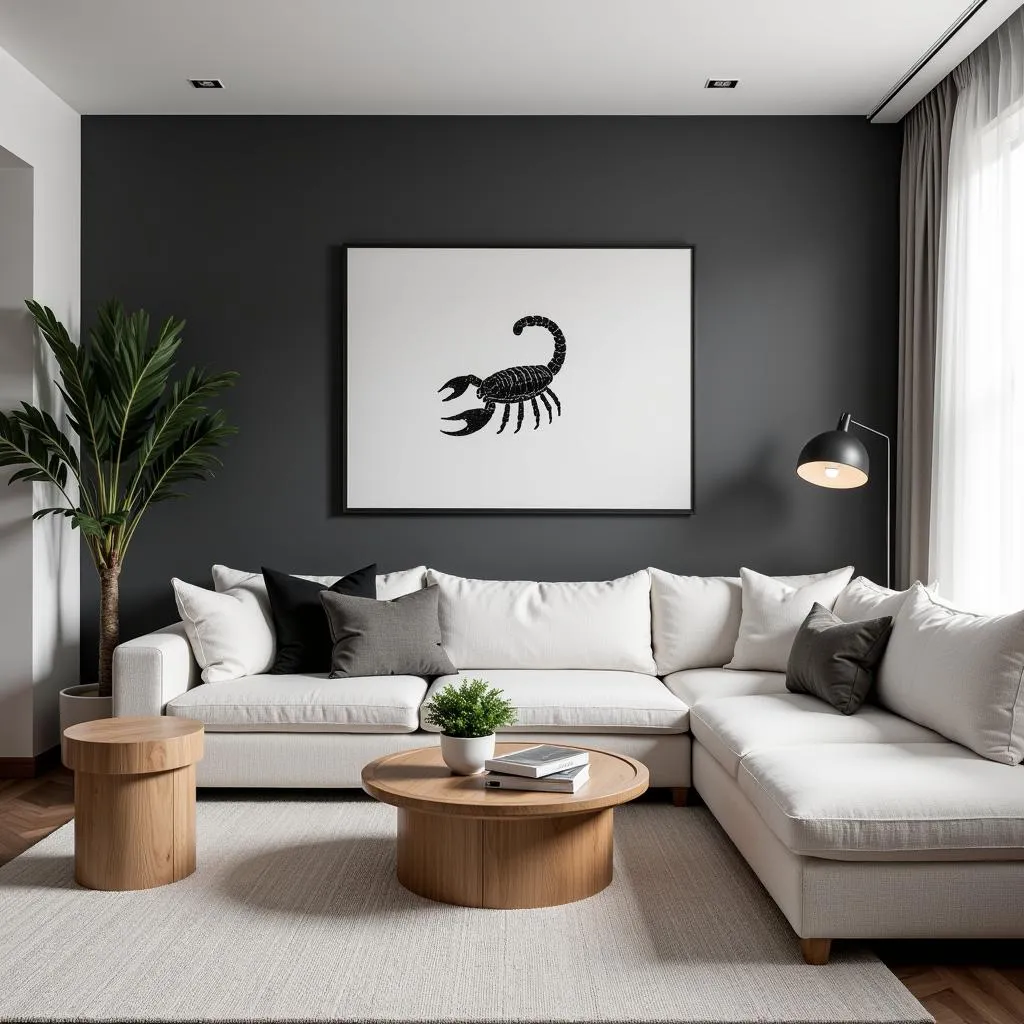 Living room with a charcoal grey accent wall as an example of Scorpio home décor