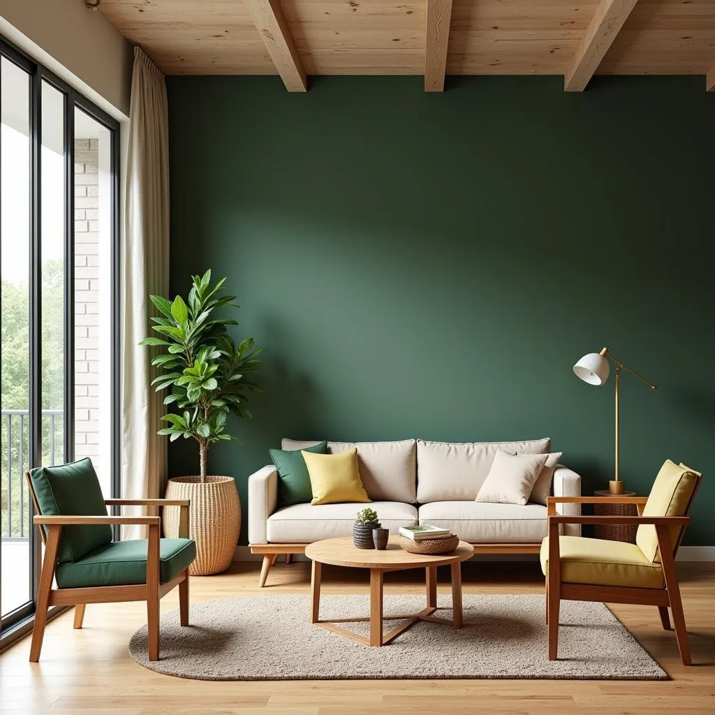 Living room with a loden green accent wall