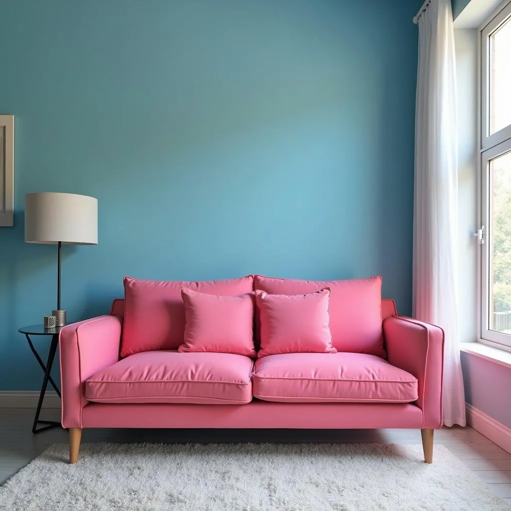 Living Room with Pink Sofa and Blue Accent Wall