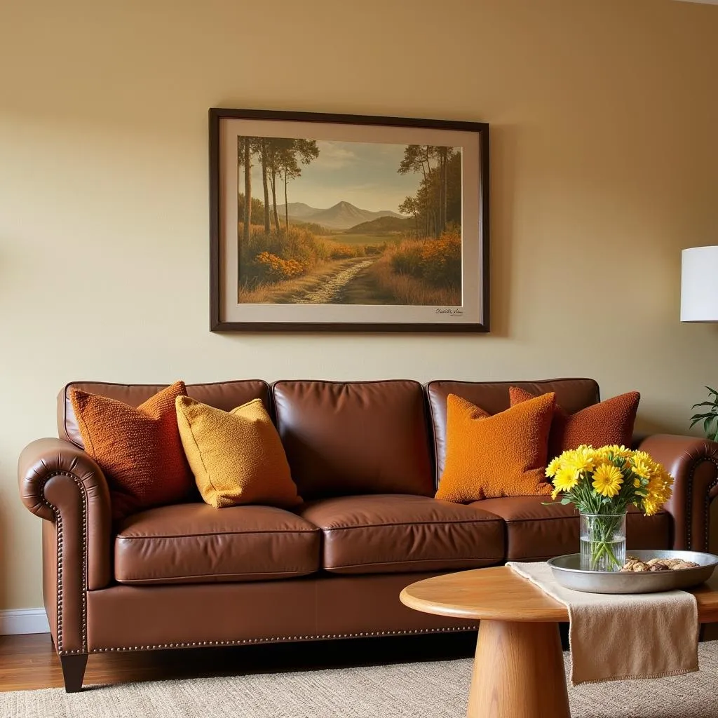 A cozy living room with a neutral color palette accented by yellow and brown furniture and decor.