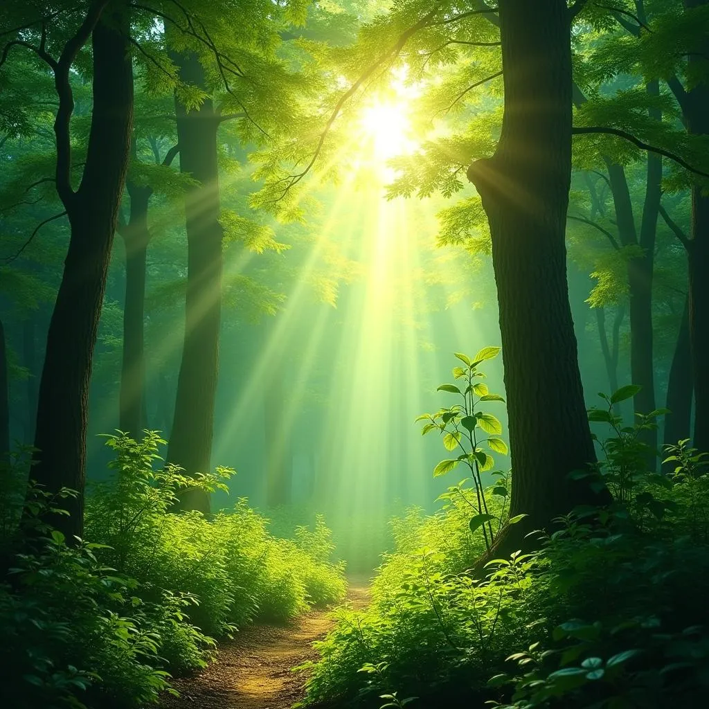 Lush green forest in sunlight