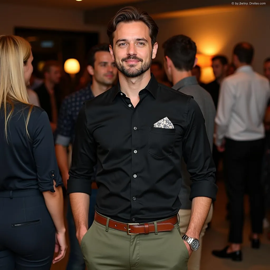 Man in a black shirt and olive green pants at a social event