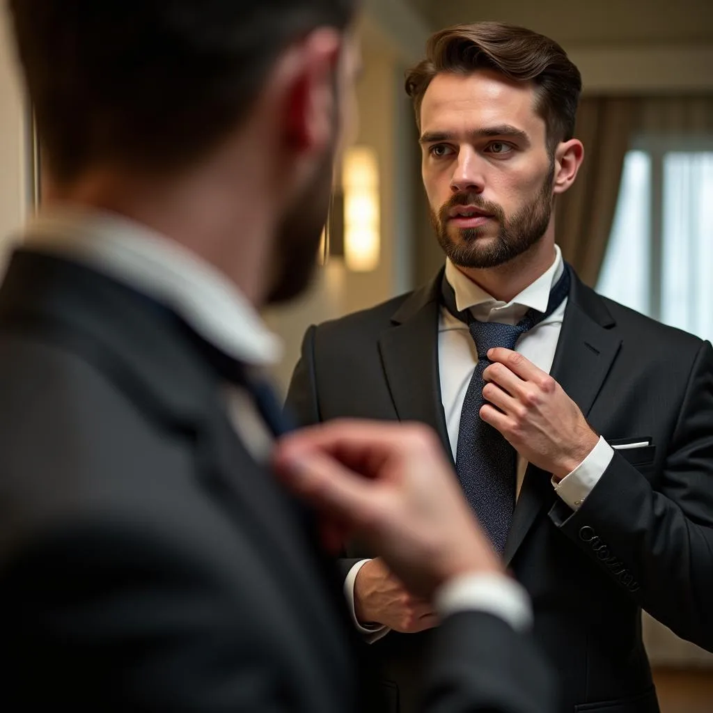 Man in a dark grey suit adjusting his tie in front of a mirror