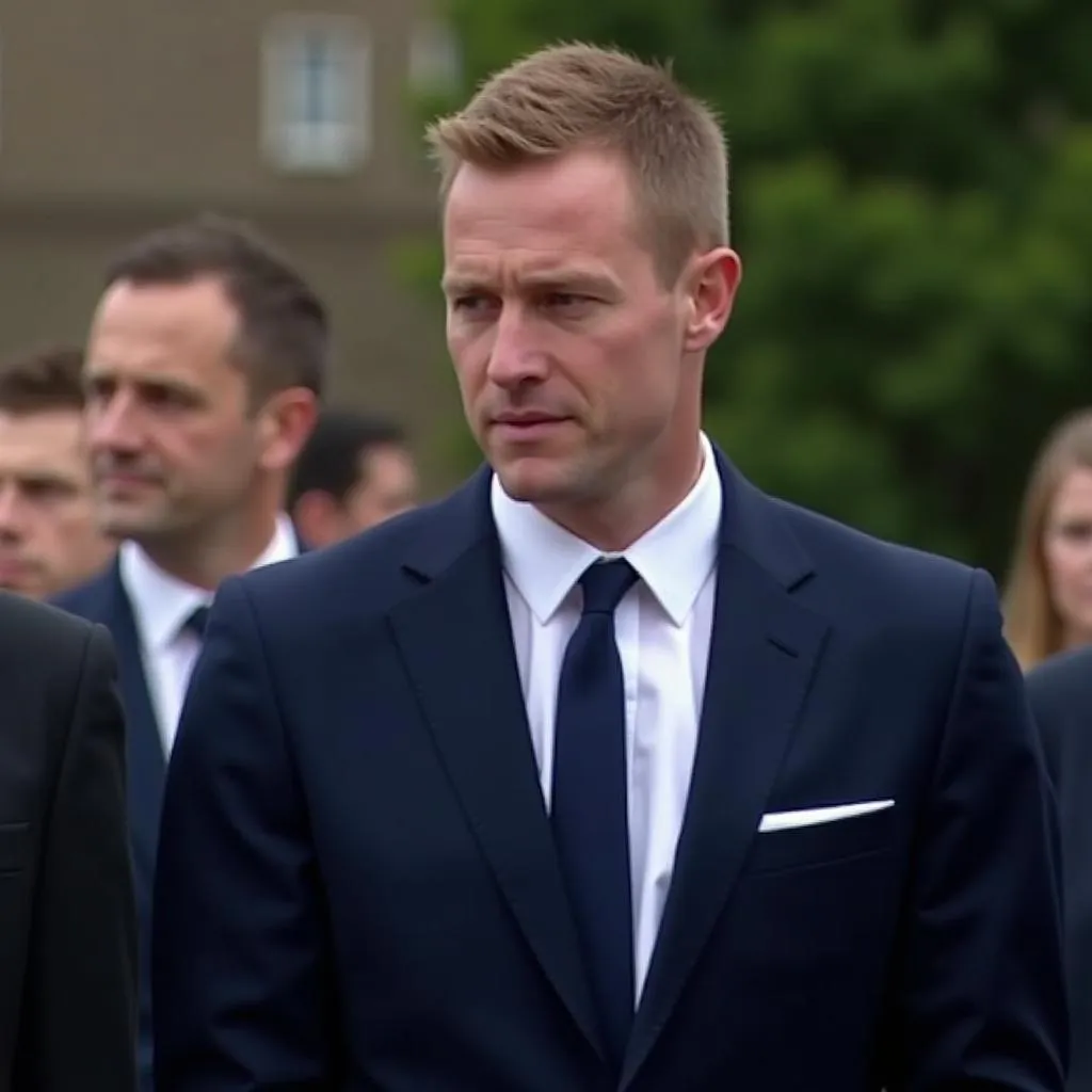 Man in Navy Suit at a Funeral