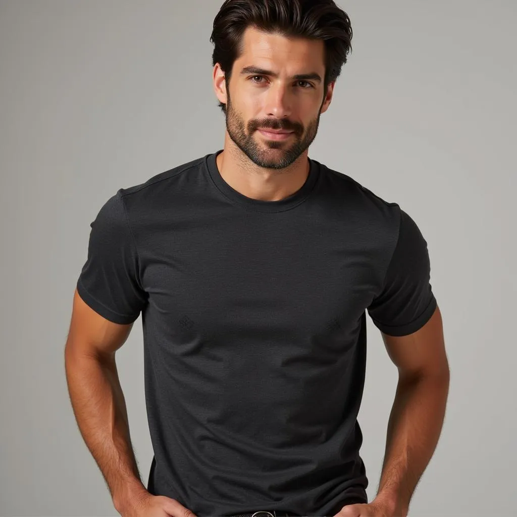 A man confidently wearing a dark heather t-shirt.