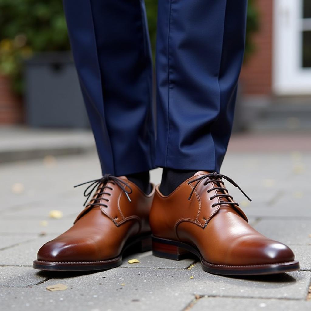 A man in a navy blue suit paired with brown leather shoes