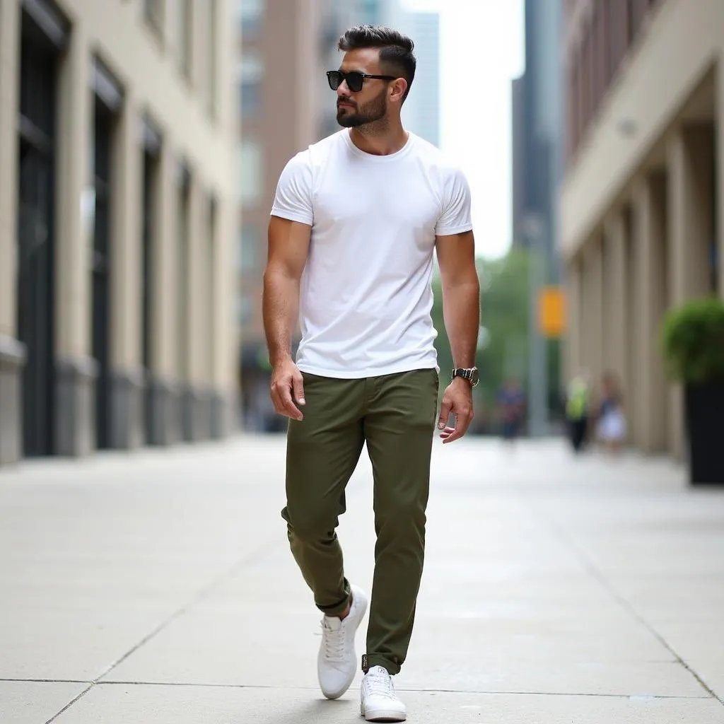 Man wearing olive green pants and a white t-shirt