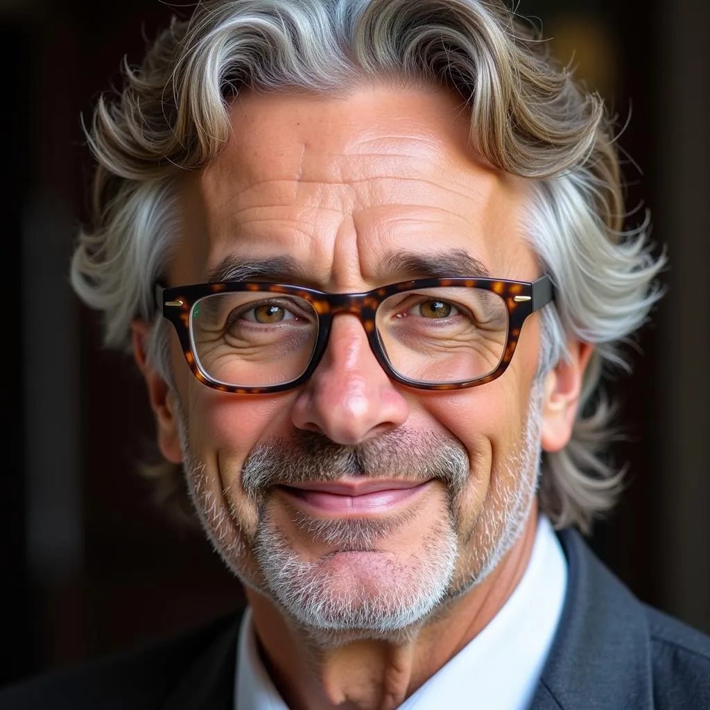 Man with Warm-Toned Gray Hair Wearing Tortoiseshell Glasses