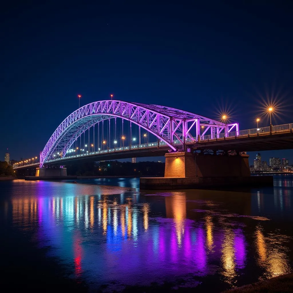 The Mario Cuomo Bridge illuminated at night