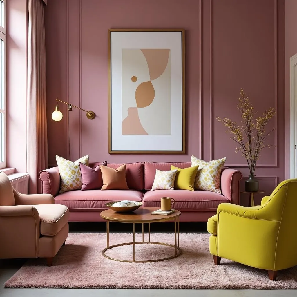 Living room with mauve pink walls and chartreuse accents