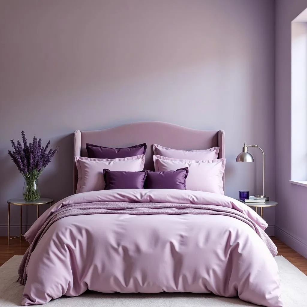 Bedroom with mauve pink bedding and lavender walls