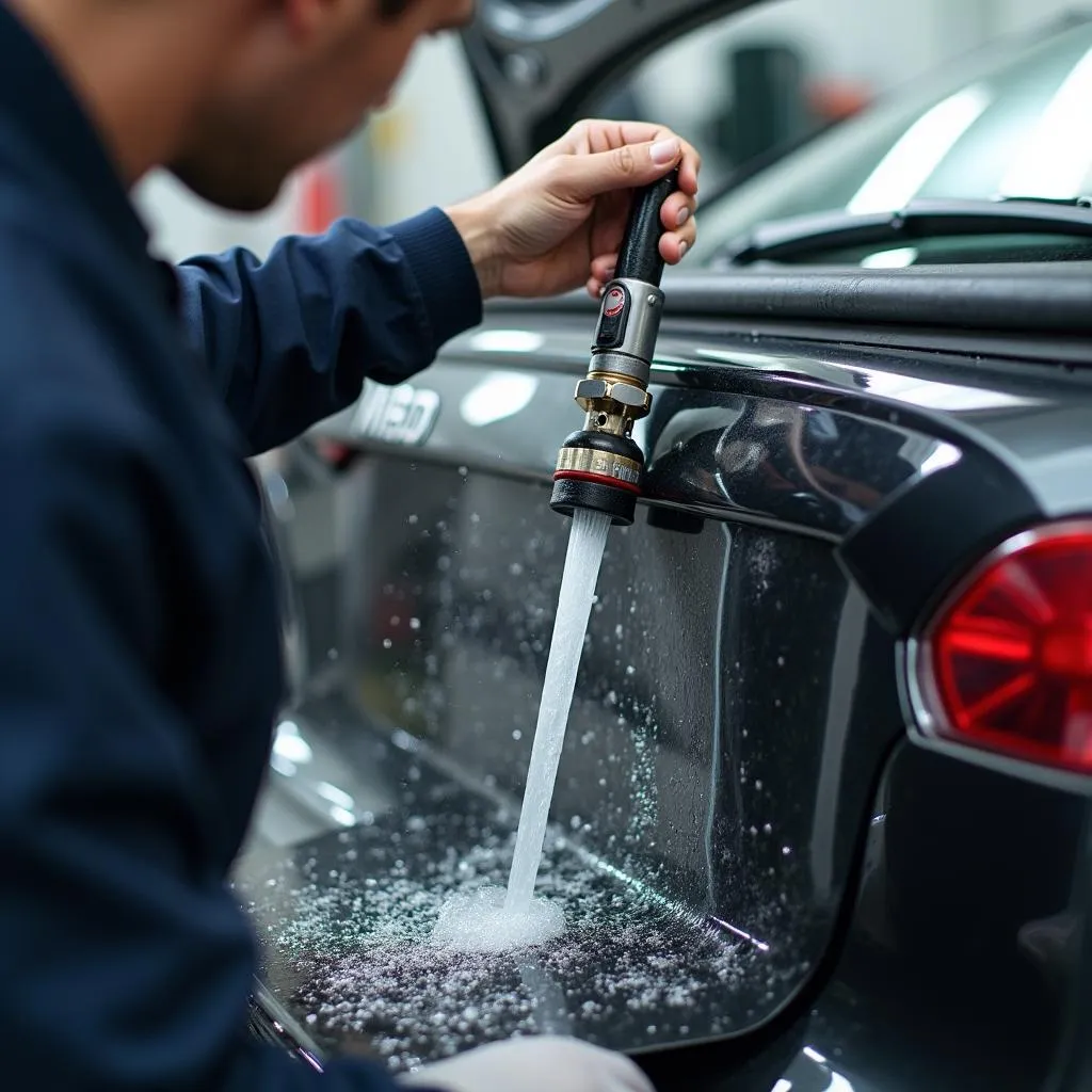 Car coolant system being flushed by a mechanic