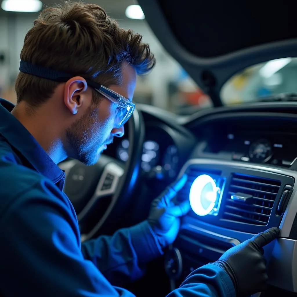 Mechanic Inspecting Car AC Leak with UV Light