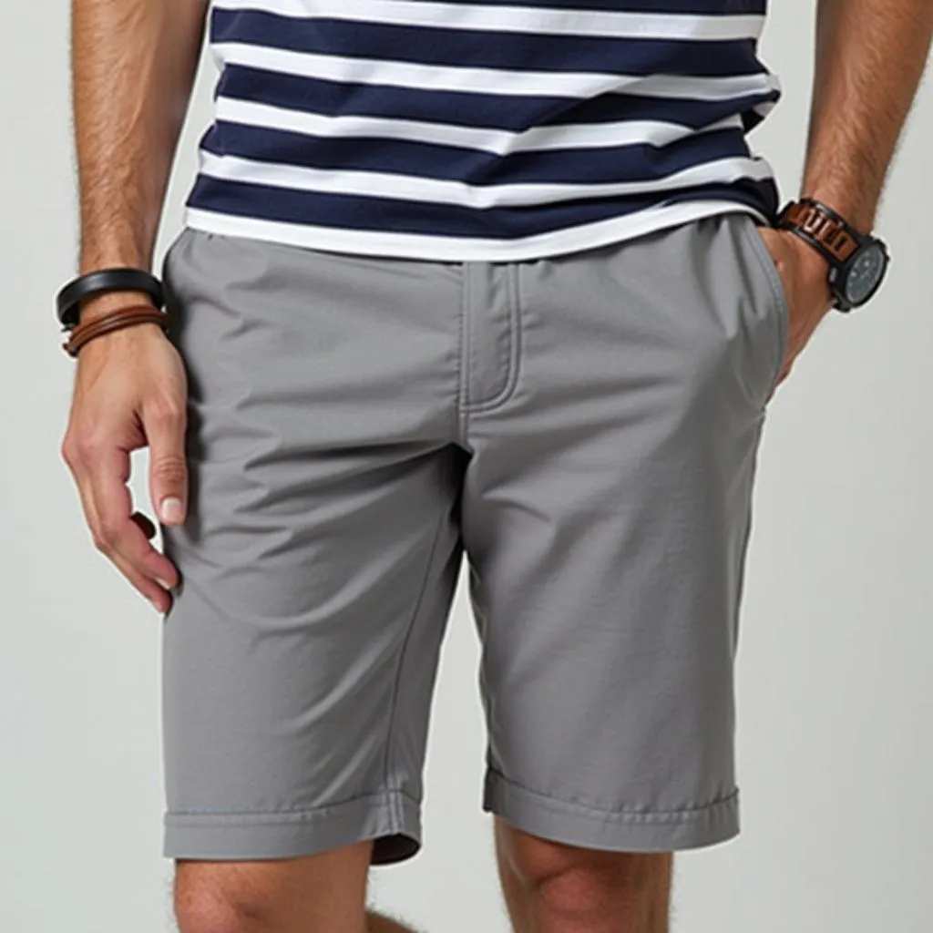 Man Wearing Medium Gray Shorts and a Striped Shirt