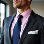 Man wearing a medium pink shirt with a navy tie