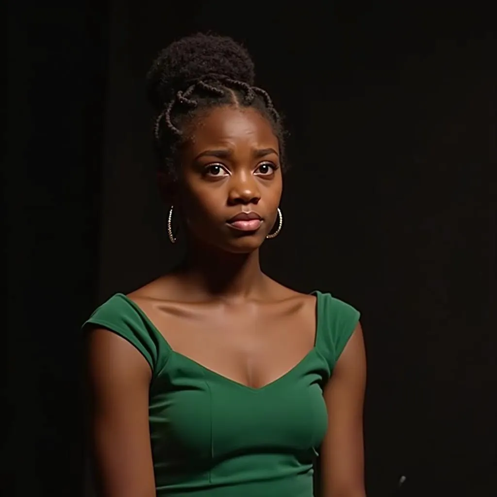 Mia wearing green during a disheartening audition