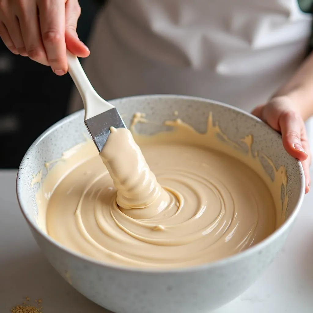 baker mixing beige icing with a spatula