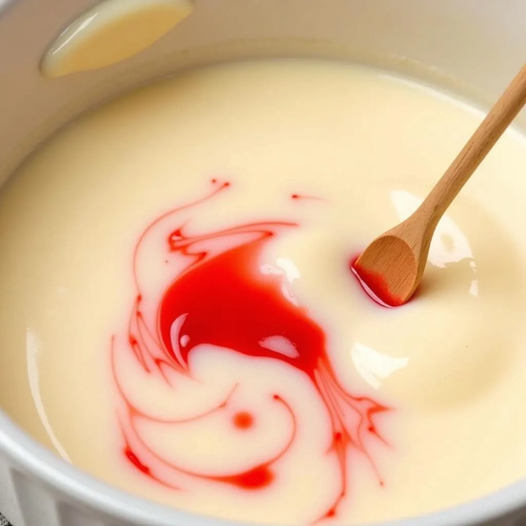 Mixing gel food coloring into melted white chocolate