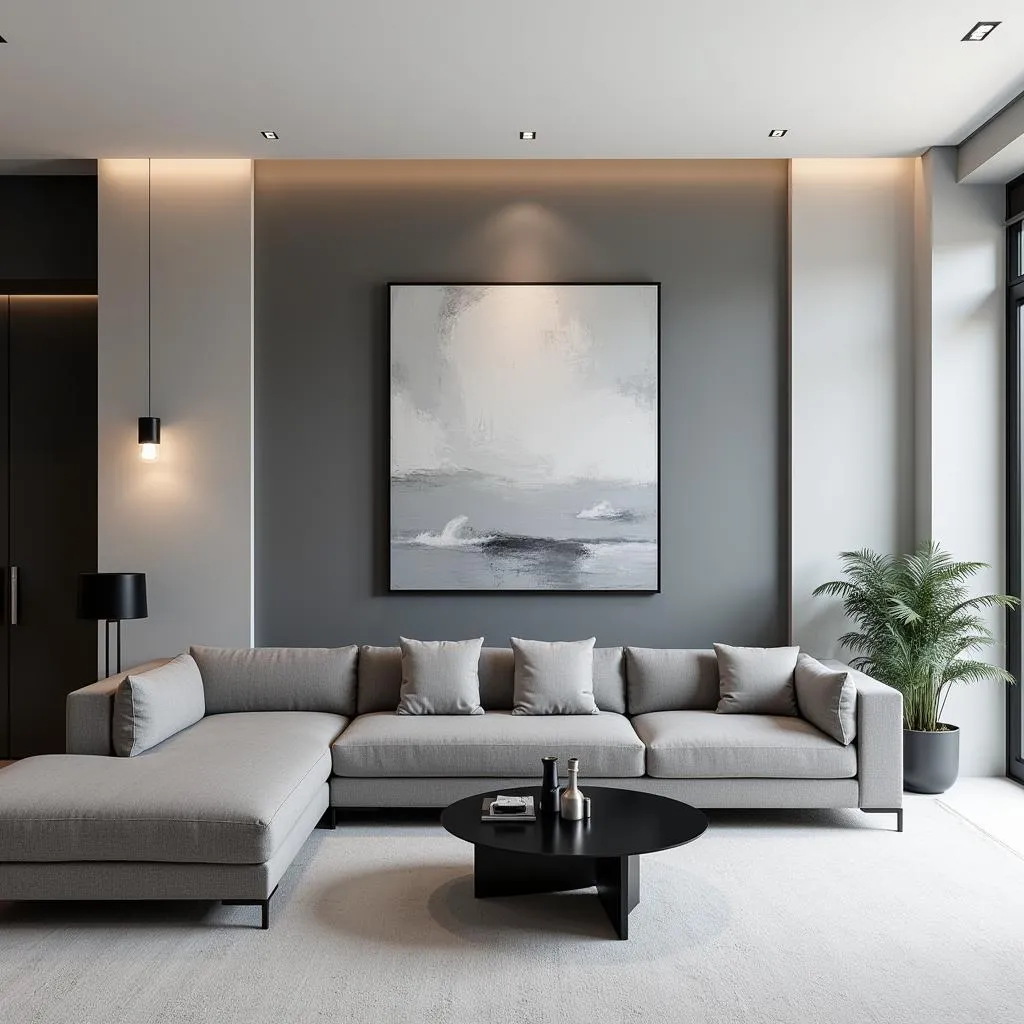 Modern Living Room with Light Grey Walls and a Charcoal Grey Accent Wall