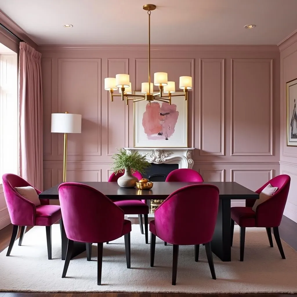 Dining room with monochromatic fuchsia color scheme