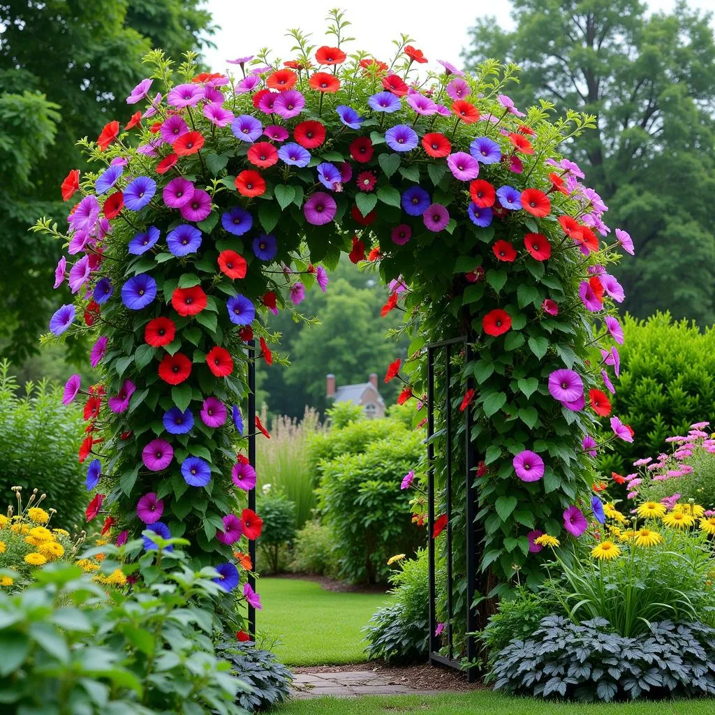 A garden with various colored morning glories.