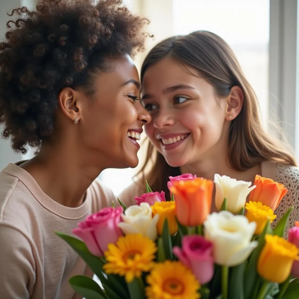 A mother receiving a bouquet of flowers from her child