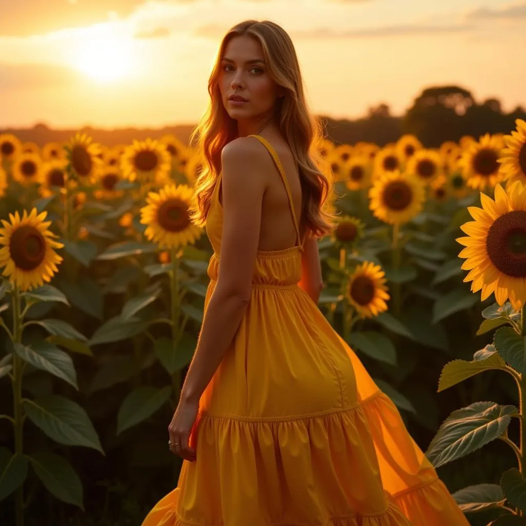 A woman in a mustard yellow dress standing in a field of sunflowers