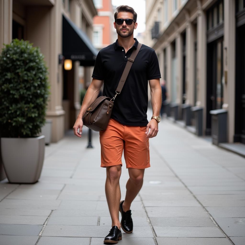 Man wearing muted orange shorts and a black shirt in a city setting