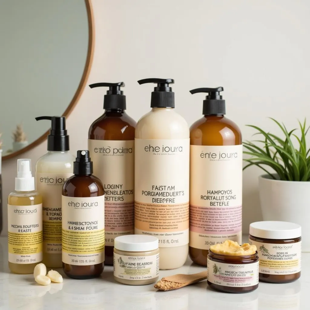 An assortment of natural hair products displayed on a bathroom counter