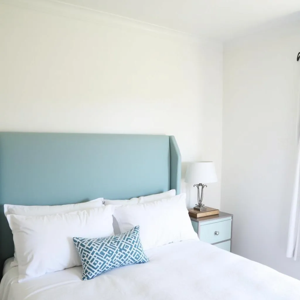 A serene bedroom with Navajo white walls and blue accents