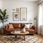 Navajo white living room with brown leather furniture and accents