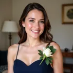 Navy Blue Dress with White Corsage