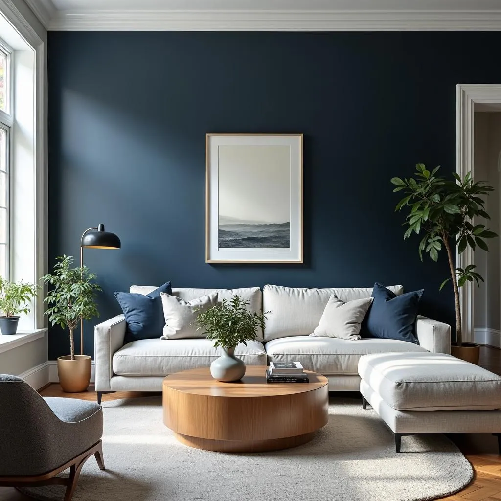 A room with navy blue walls.