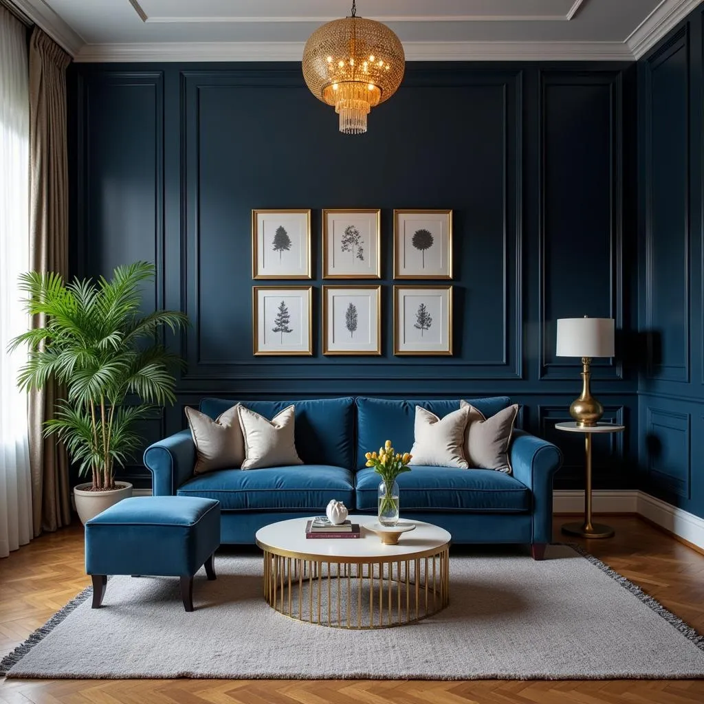 Navy blue living room with gold accents