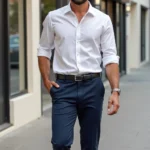 Man in navy blue pants and a white shirt