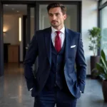 Navy Blue Suit with Red Tie