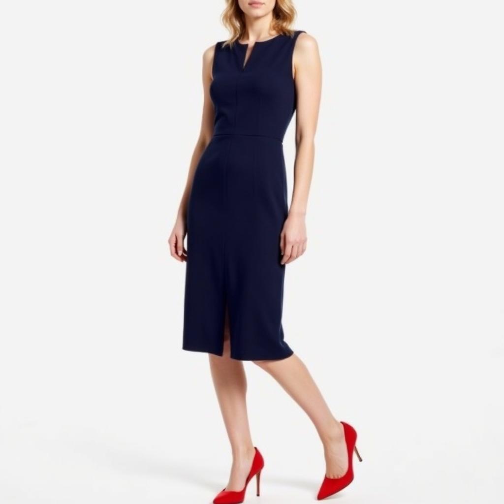 Navy dress with red pumps